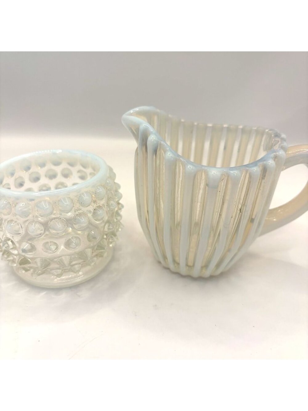 Vintage Opalescent Glass Hobnail Sugar Bowl and Ribbed Creamer Set - Picture 3 of 6